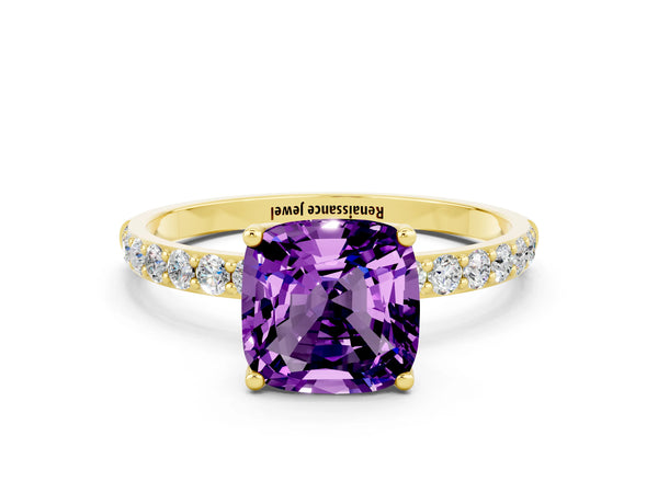 Yellow gold Cushion Cut Amethyst Solitaire Engagement Ring with Round  Pavé Band and Prong Setting