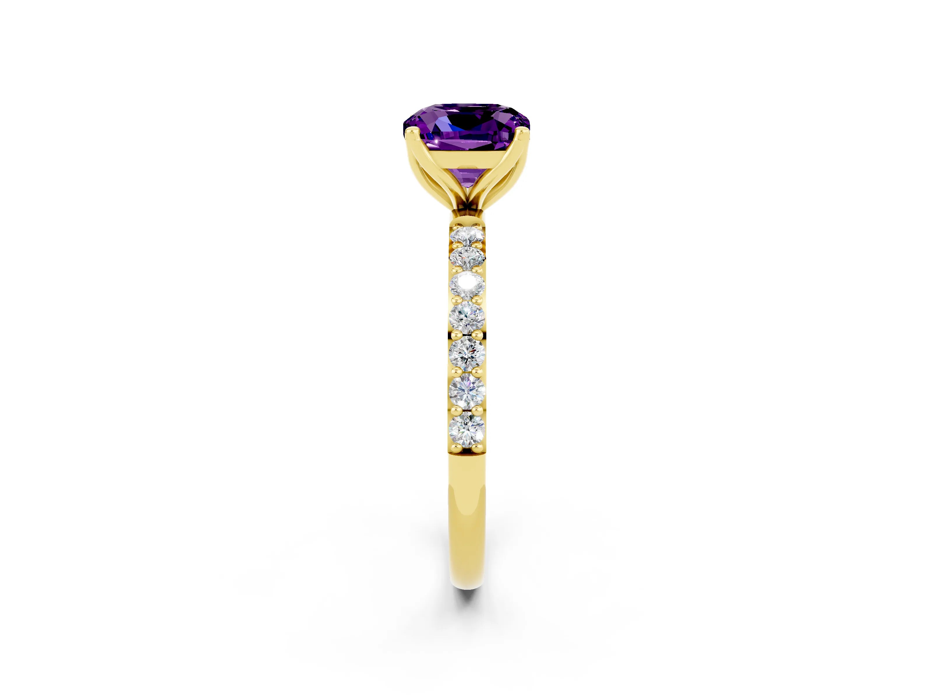 Yellow gold Cushion Cut Amethyst Solitaire Engagement Ring with Pavé Band and Prong Setting_2