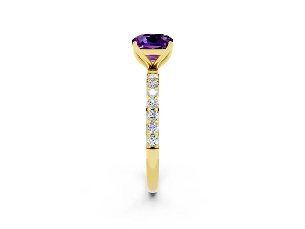 Yellow gold Cushion Cut Amethyst Solitaire Engagement Ring with Round  Pavé Band and Prong Setting