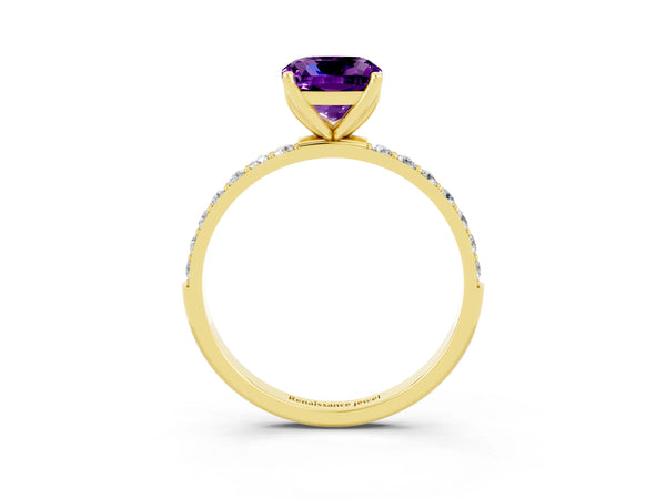 Yellow gold Cushion Cut Amethyst Solitaire Engagement Ring with Round  Pavé Band and Prong Setting