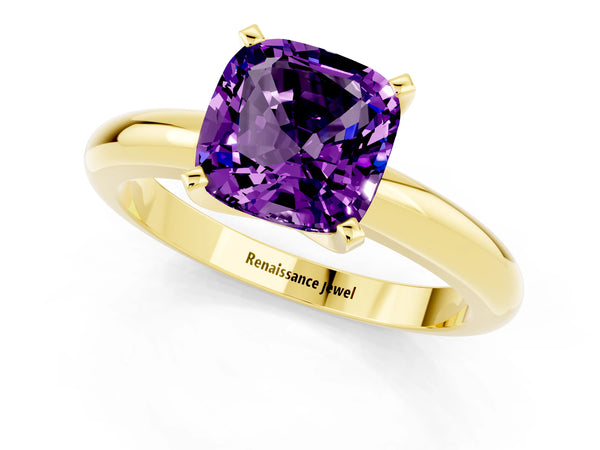 Yellow gold Cushion Cut Amethyst Solitaire Engagement Ring with Round Band and Four-Prong Setting