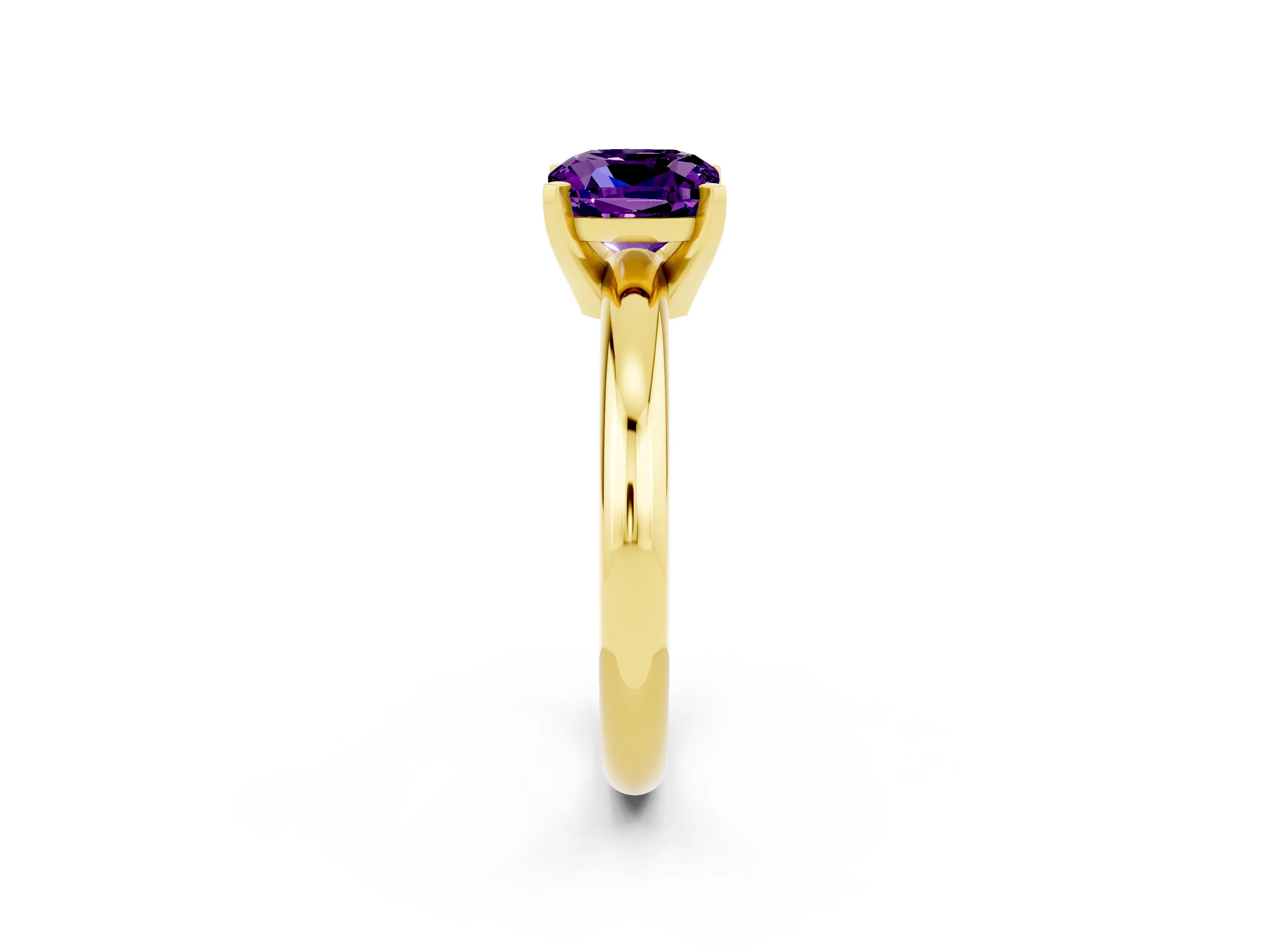 Yellow gold Cushion Cut Amethyst Solitaire Engagement Ring with Round Band and Four-Prong Setting_2