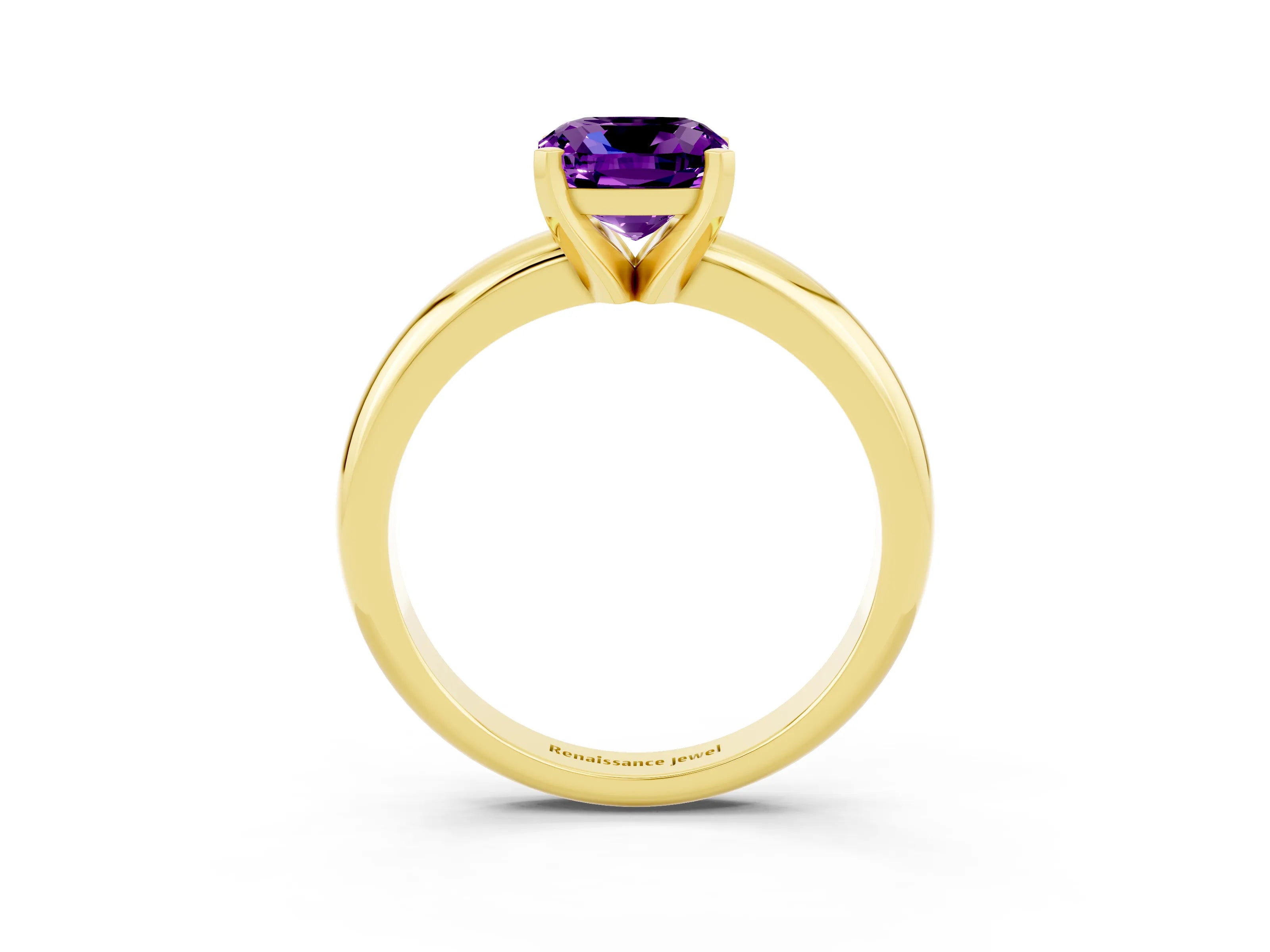 Yellow gold Cushion Cut Amethyst Solitaire Engagement Ring with Round Band and Four-Prong Setting_3
