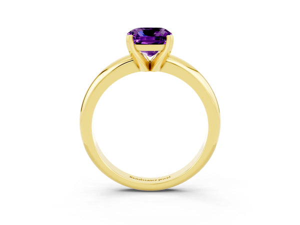 Yellow gold Cushion Cut Amethyst Solitaire Engagement Ring with Round Band and Four-Prong Setting