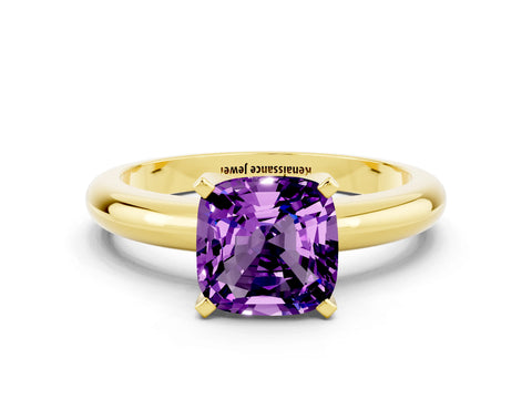 Yellow gold Cushion Cut Amethyst Solitaire Engagement Ring with Round Band and Four-Prong Setting