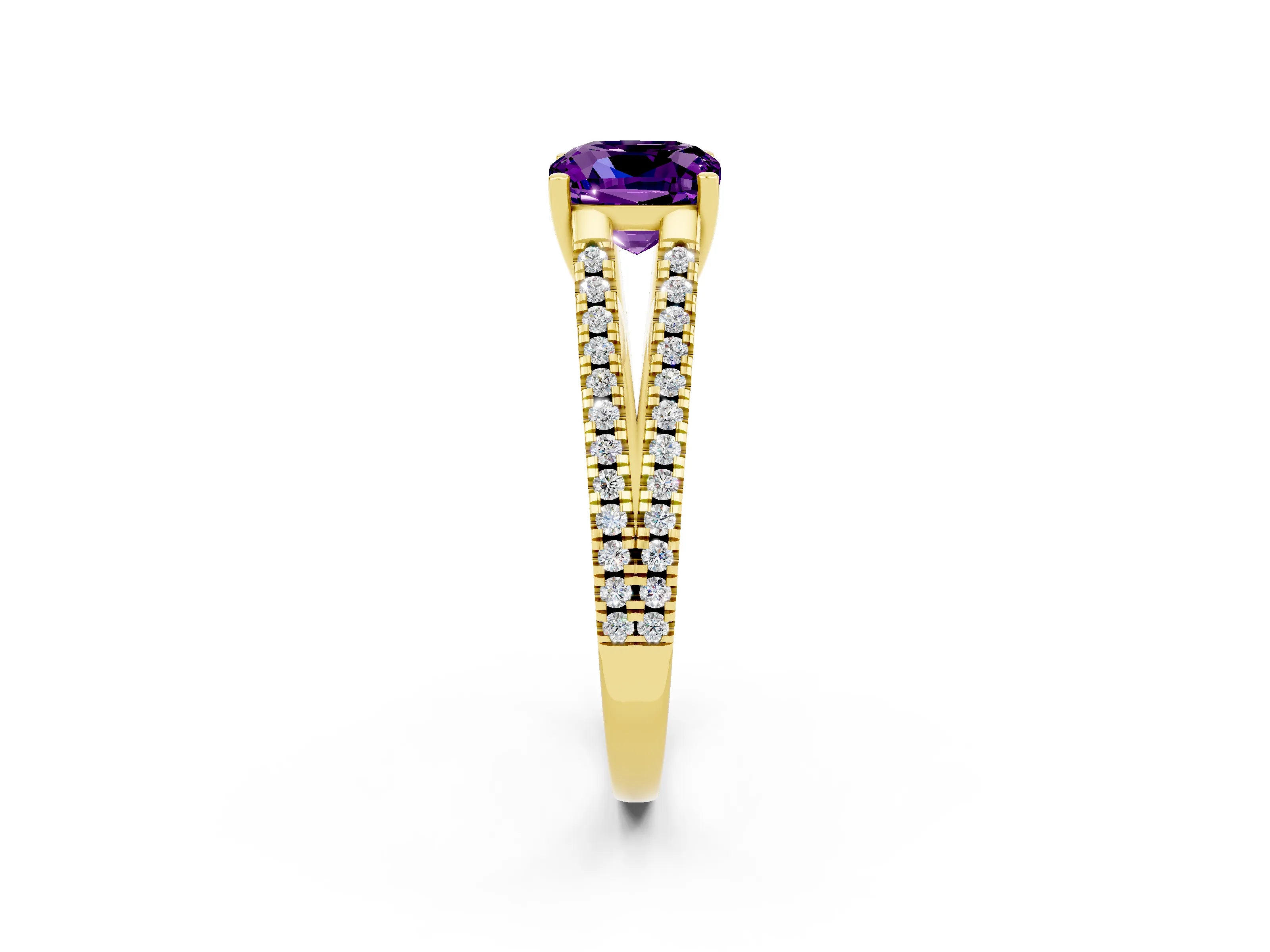 Yellow gold Cushion Cut Amethyst Solitaire Engagement Ring with Split Shank Pavé Band_2