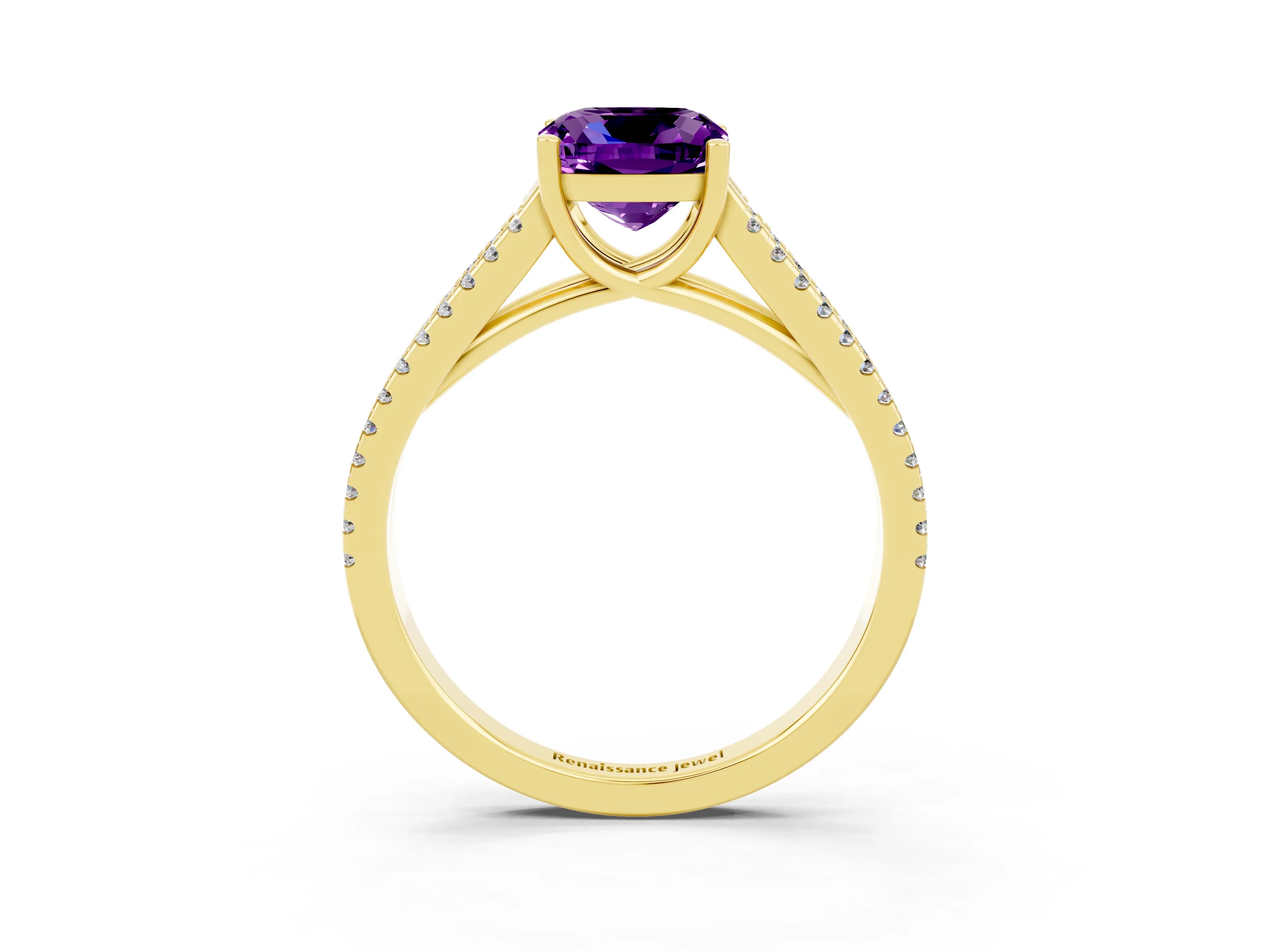 Yellow gold Cushion Cut Amethyst Solitaire Engagement Ring with Split Shank Pavé Band_3