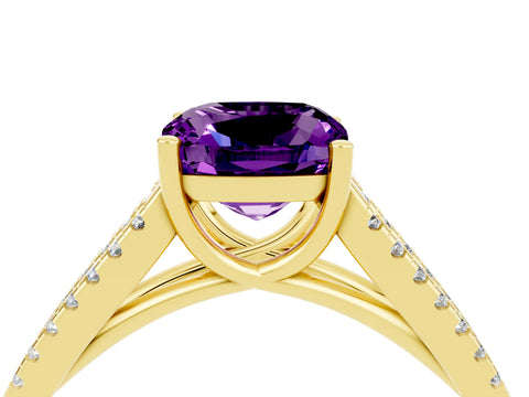 Yellow gold Cushion Cut Amethyst Solitaire Engagement Ring with Split Shank Pavé Band_4