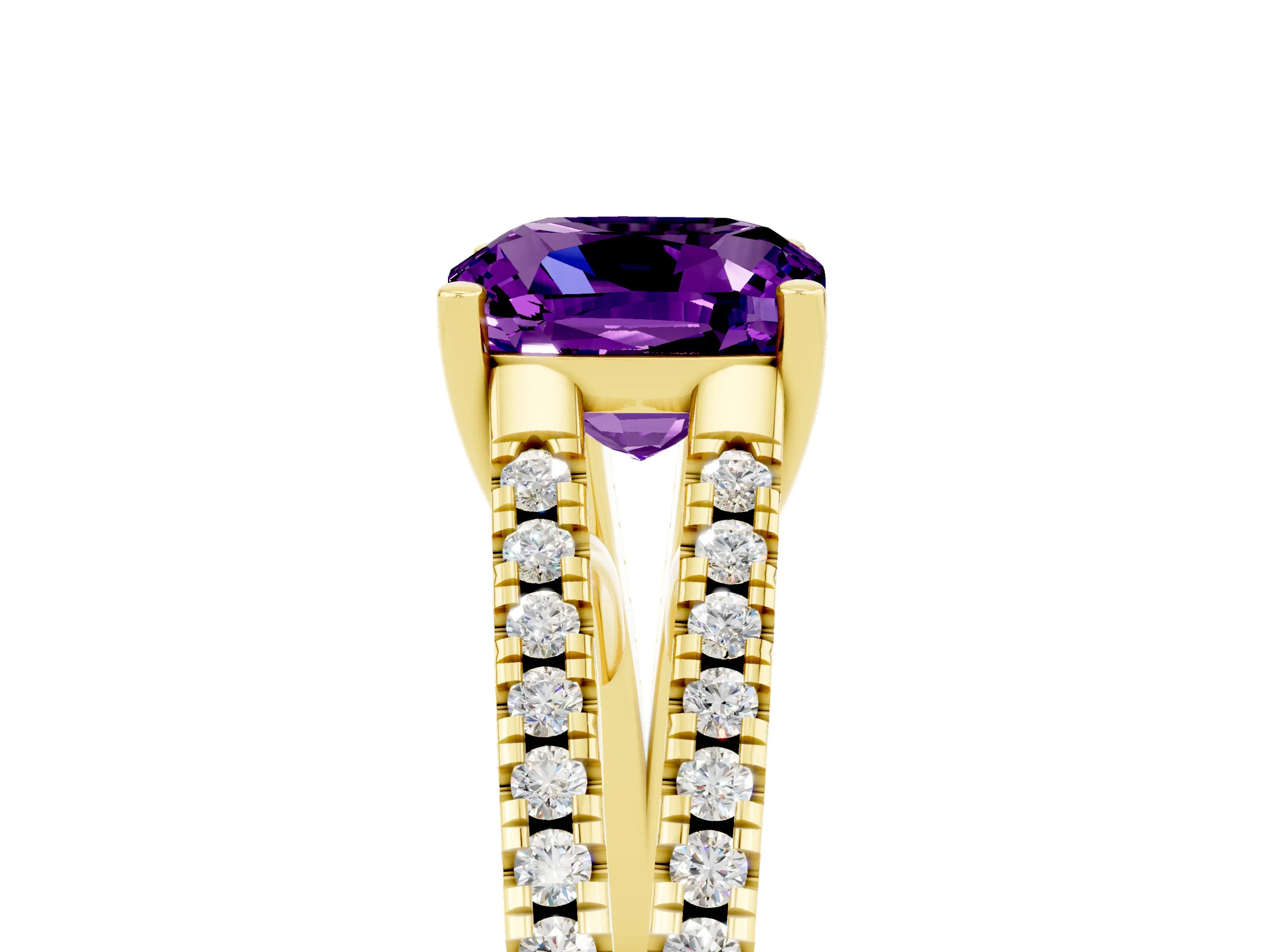 Yellow gold Cushion Cut Amethyst Solitaire Engagement Ring with Split Shank Pavé Band_5