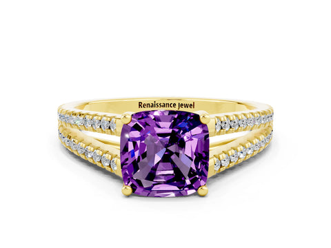 Yellow gold Cushion Cut Amethyst Solitaire Engagement Ring with Split Shank Pavé Band