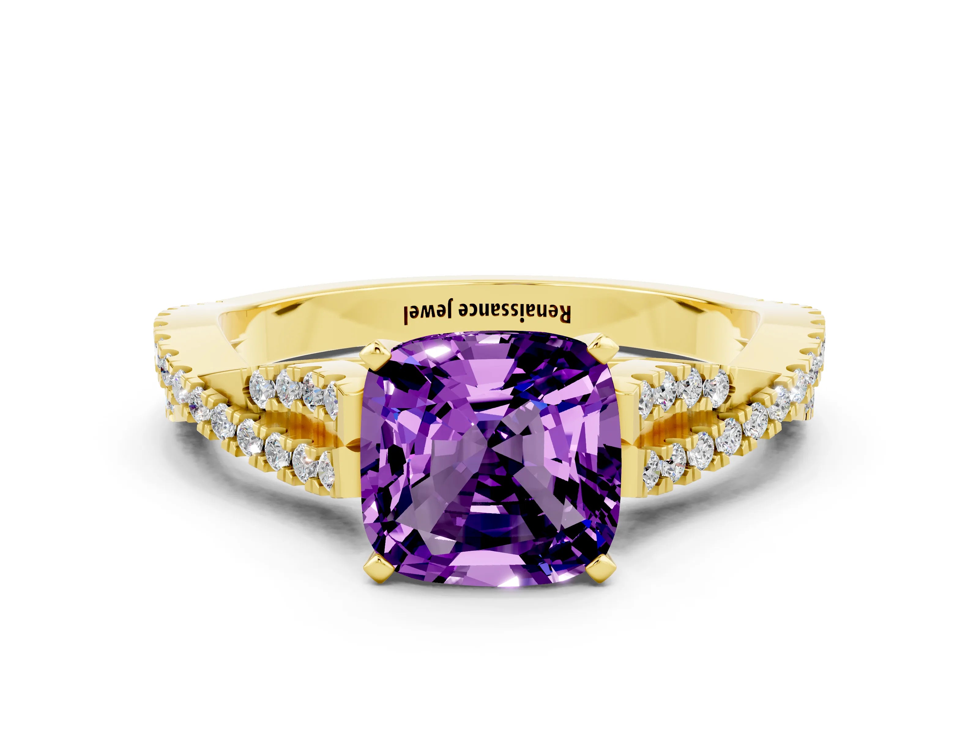 Yellow gold Cushion Cut Amethyst Solitaire Engagement Ring with Twisted Pavé Band and Four-Prong Setting_12