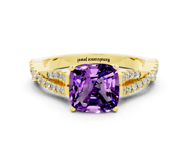 Yellow gold Cushion Cut Amethyst Solitaire Engagement Ring with Twisted Pavé Band and Four-Prong Setting