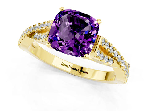 Yellow gold Cushion Cut Amethyst Solitaire Engagement Ring with Twisted Pavé Band and Four-Prong Setting_13