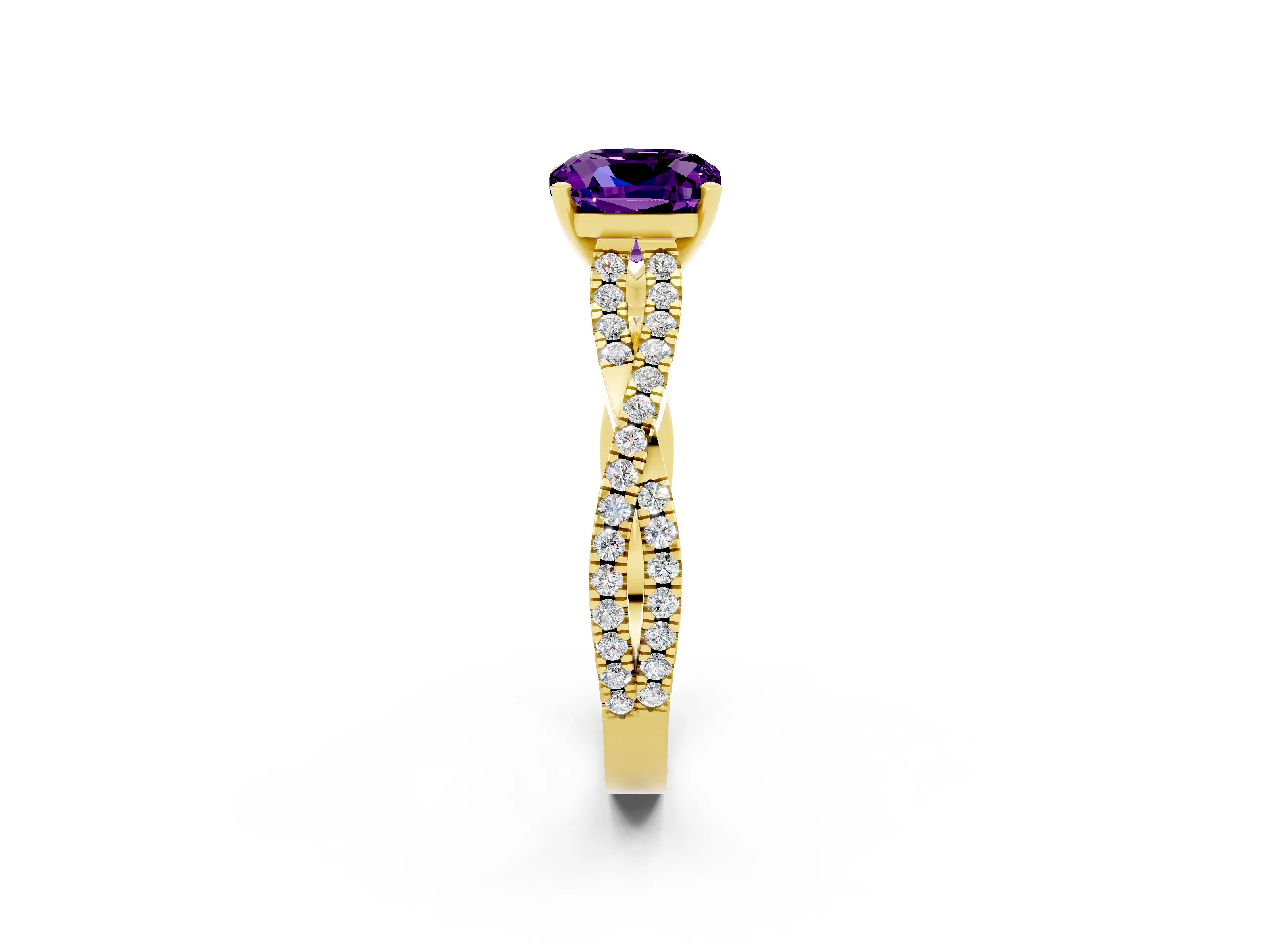 Yellow gold Cushion Cut Amethyst Solitaire Engagement Ring with Twisted Pavé Band and Four-Prong Setting_14