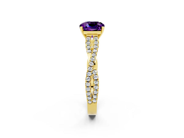 Yellow gold Cushion Cut Amethyst Solitaire Engagement Ring with Twisted Pavé Band and Four-Prong Setting