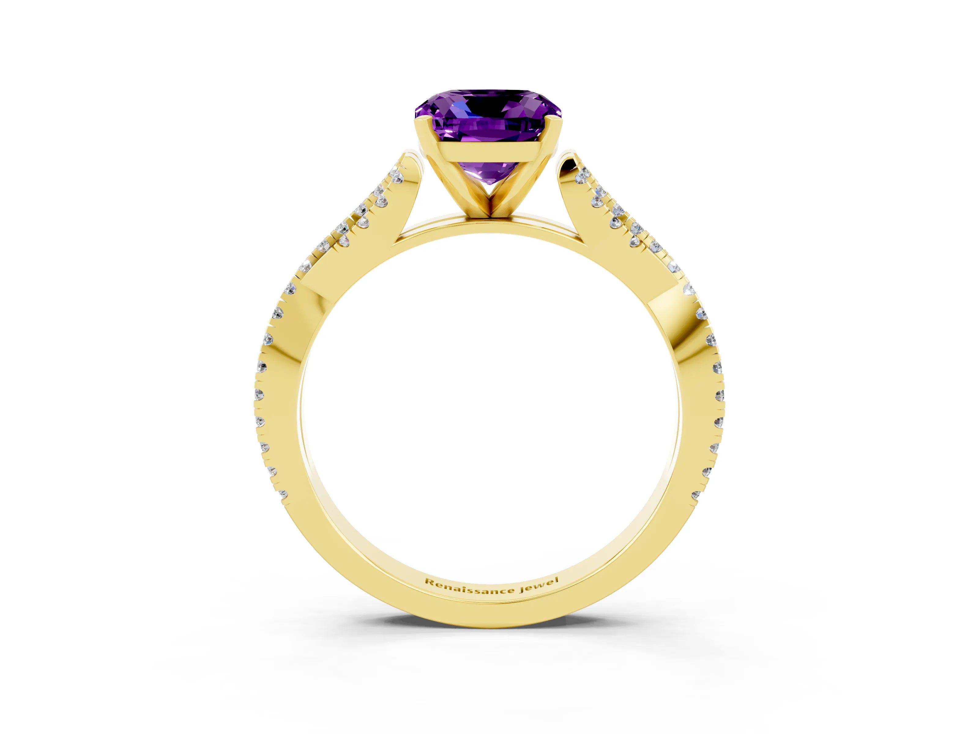 Yellow gold Cushion Cut Amethyst Solitaire Engagement Ring with Twisted Pavé Band and Four-Prong Setting_15