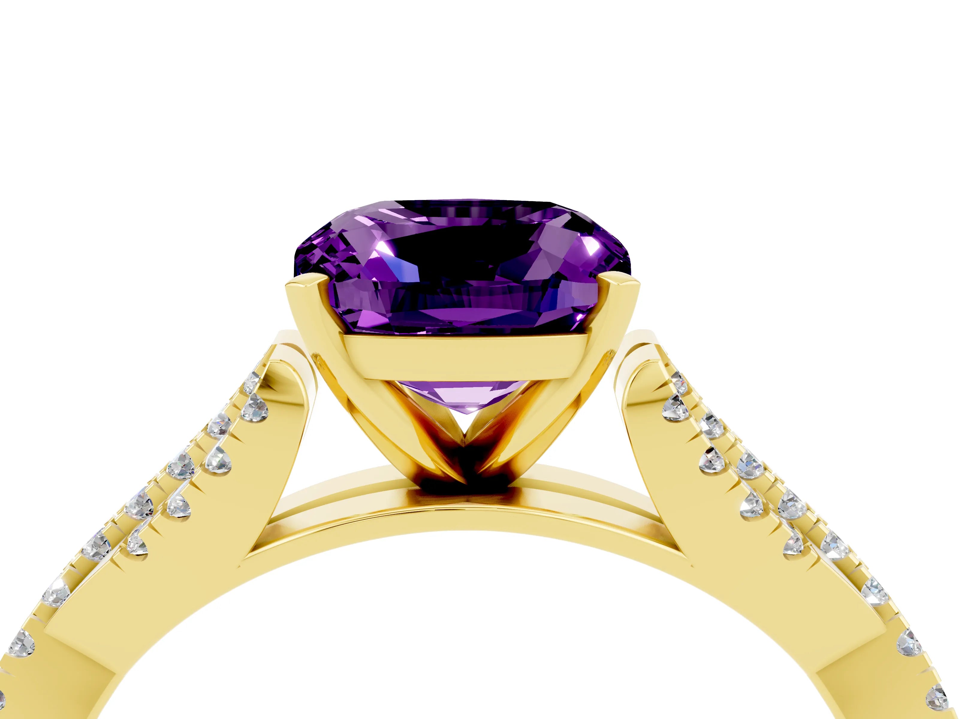 Yellow gold Cushion Cut Amethyst Solitaire Engagement Ring with Twisted Pavé Band and Four-Prong Setting_16