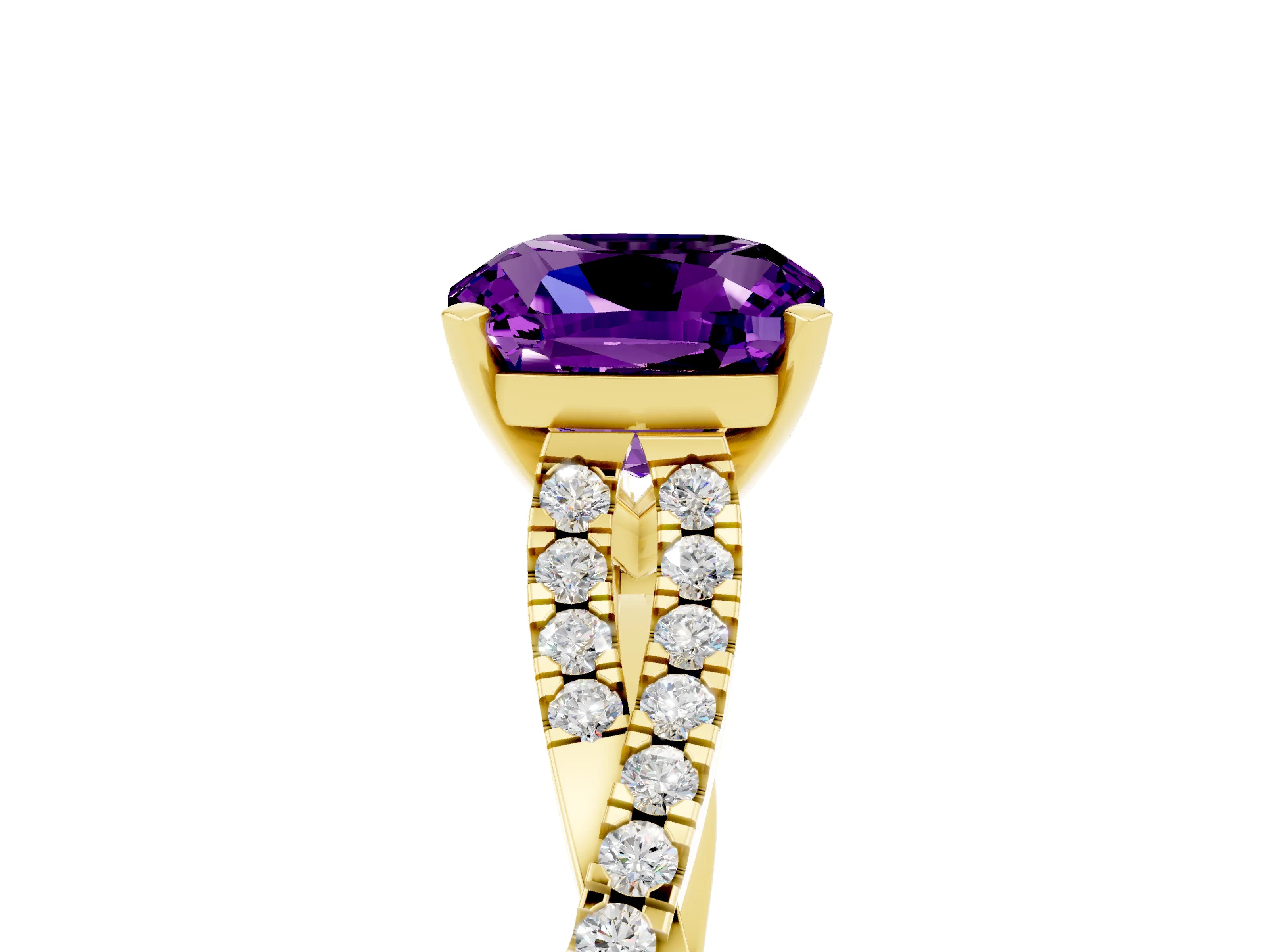 Yellow gold Cushion Cut Amethyst Solitaire Engagement Ring with Twisted Pavé Band and Four-Prong Setting_17
