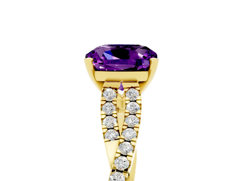 Yellow gold Cushion Cut Amethyst Solitaire Engagement Ring with Twisted Pavé Band and Four-Prong Setting_17