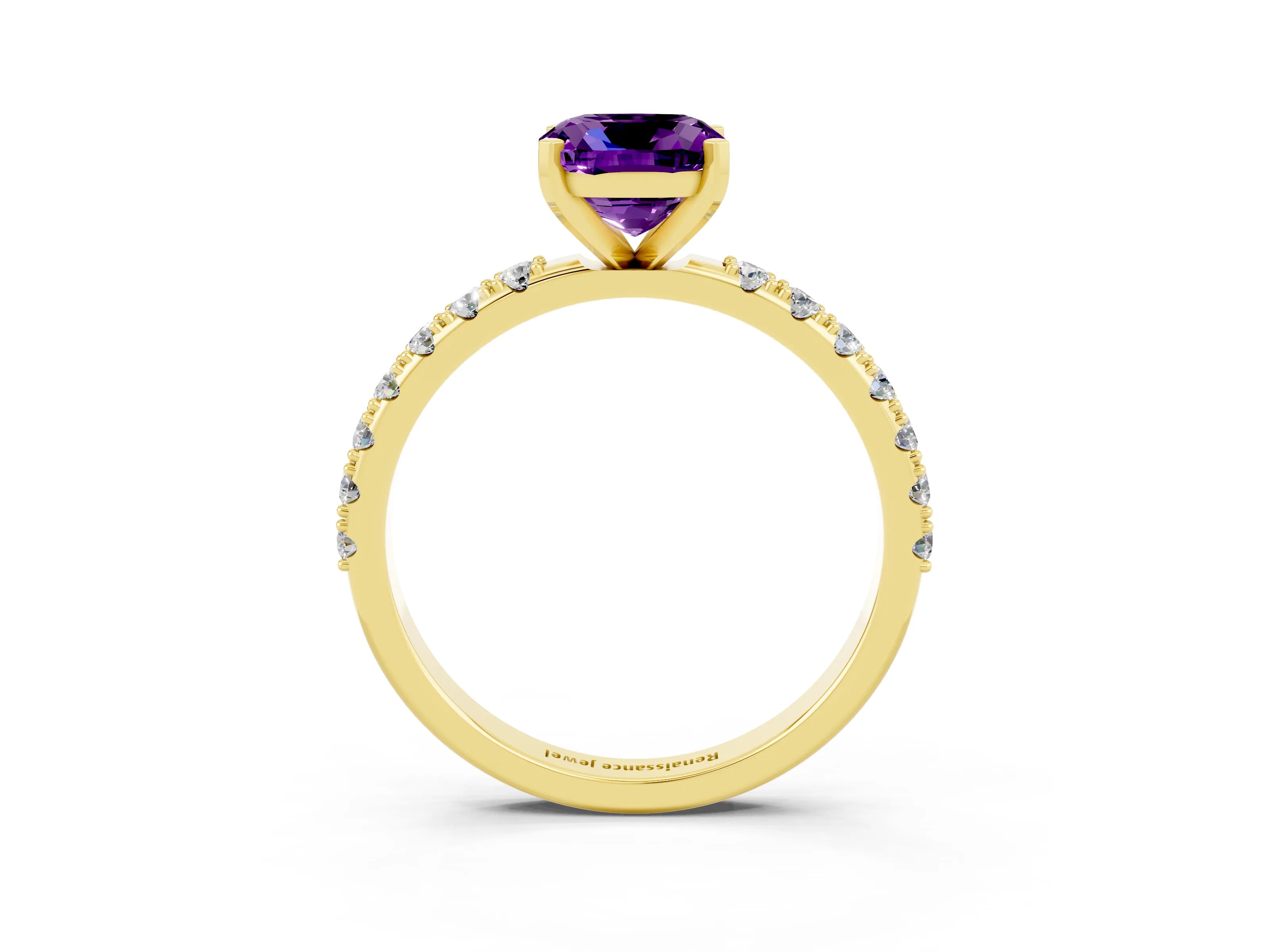 Yellow gold Cushion Cut Amethyst Solitaire Pavé Band with Four-Prong Setting_3