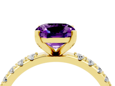 Yellow gold Cushion Cut Amethyst Solitaire Pavé Band with Four-Prong Setting_4