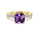 Yellow gold Cushion Cut Amethyst Solitaire Pavé Engagement Ring with Round Band and Prong Setting_12