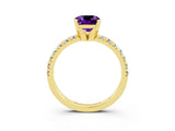 Yellow gold Cushion Cut Amethyst Solitaire Pavé Engagement Ring with Round Band and Prong Setting_15
