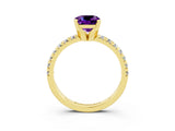 Yellow gold Cushion Cut Amethyst Solitaire Pavé Engagement Ring with Round Band and Prong Setting_87