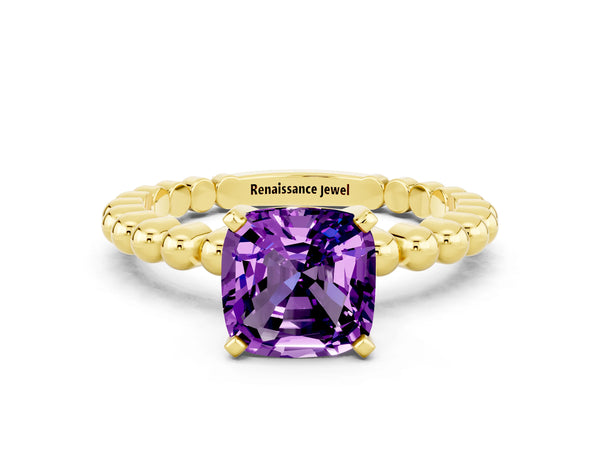 Yellow gold Cushion Cut Amethyst Solitaire Ring with Beaded Band and Prong Setting