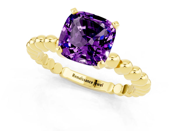 Yellow gold Cushion Cut Amethyst Solitaire Ring with Beaded Band and Prong Setting