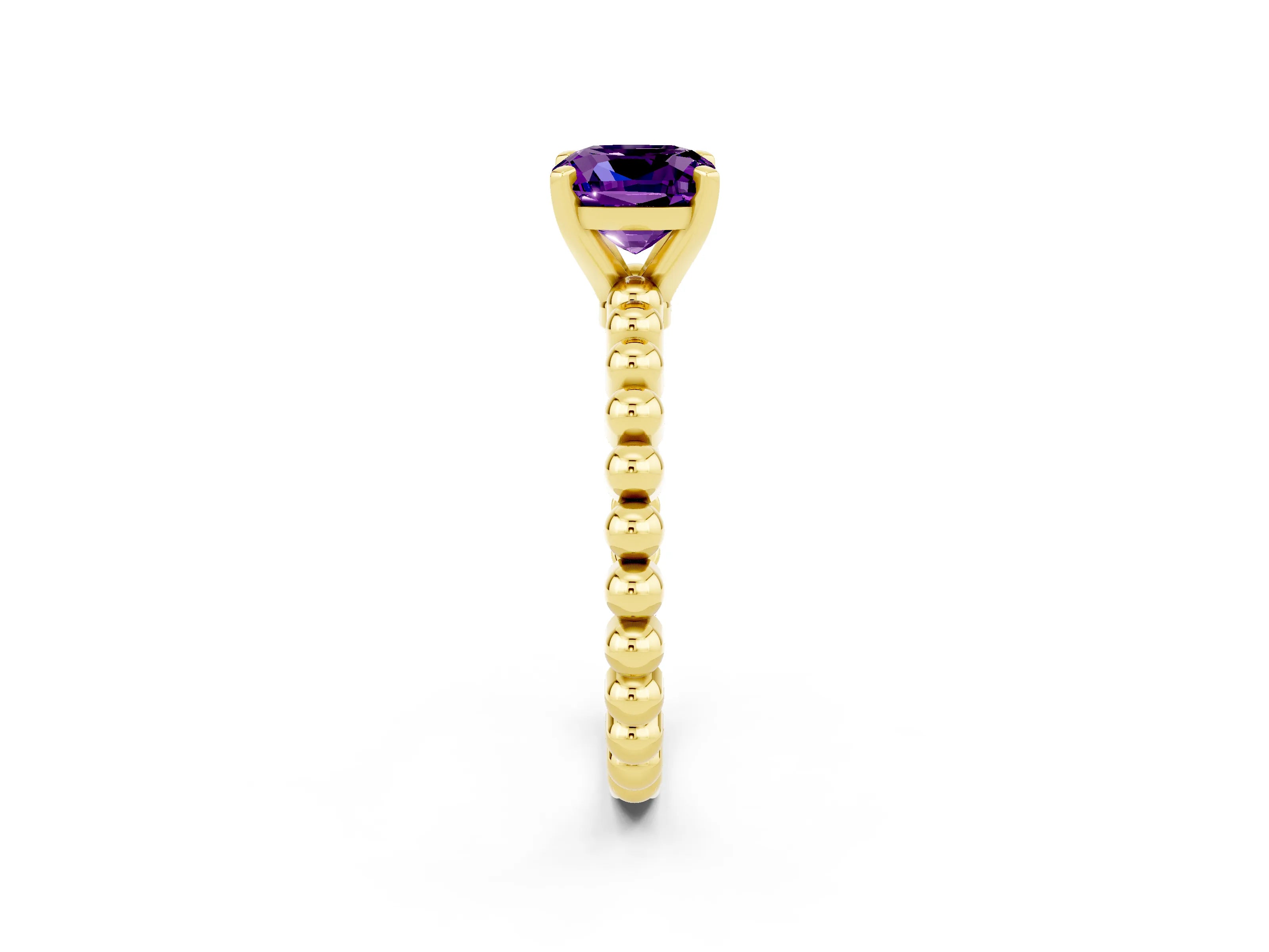 Yellow gold Cushion Cut Amethyst Solitaire Ring with Beaded Band and Prong Setting_2