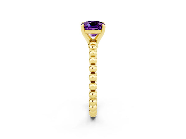 Yellow gold Cushion Cut Amethyst Solitaire Ring with Beaded Band and Prong Setting