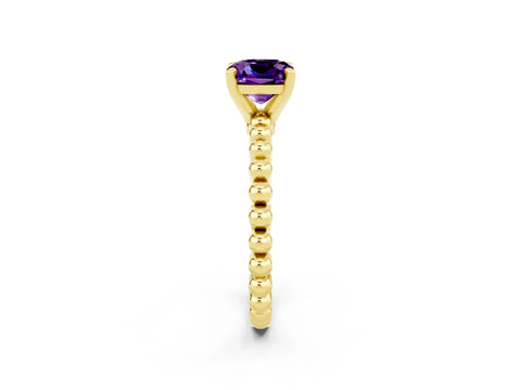 Yellow gold Cushion Cut Amethyst Solitaire Ring with Beaded Band and Prong Setting_2
