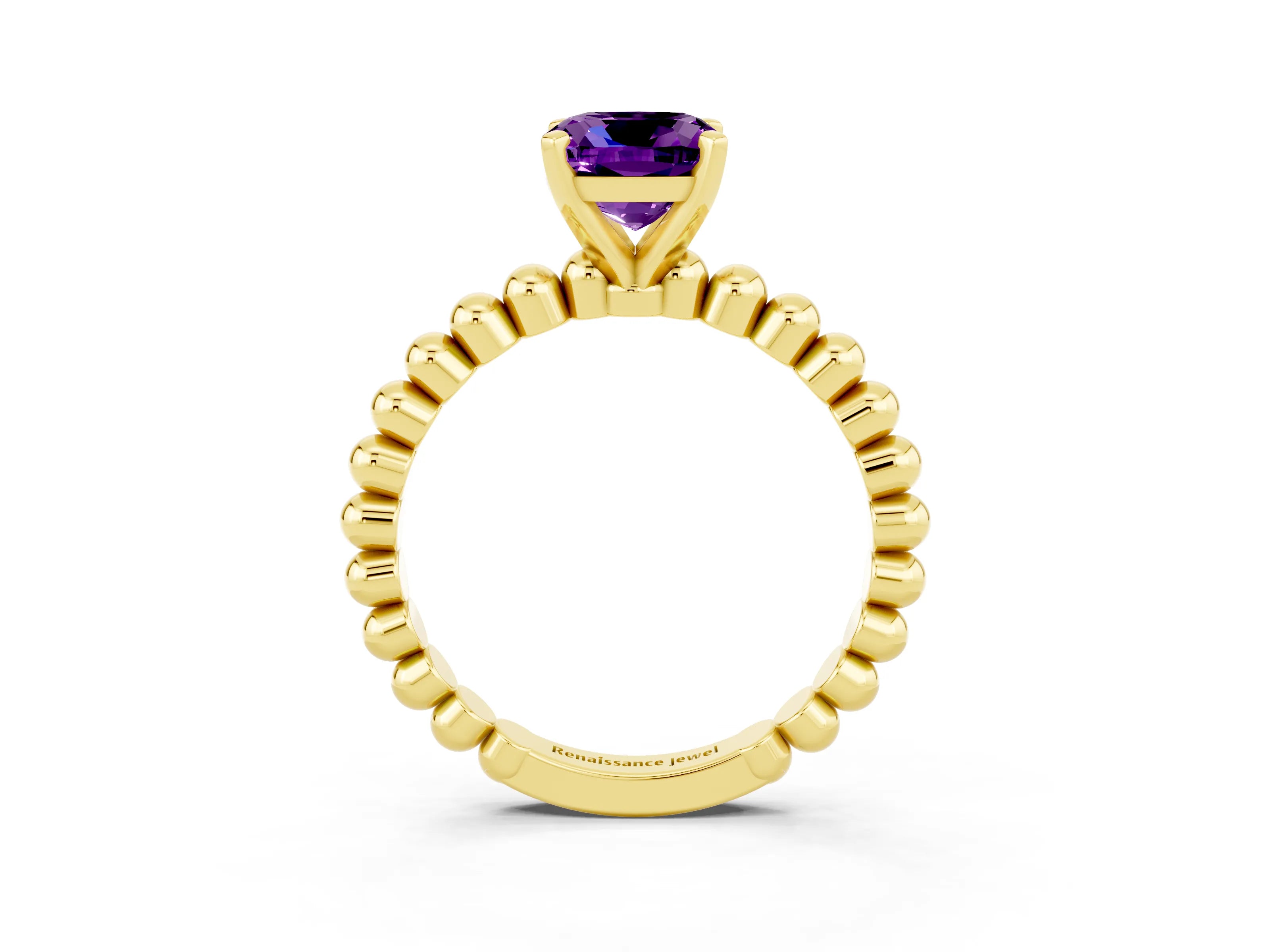 Yellow gold Cushion Cut Amethyst Solitaire Ring with Beaded Band and Prong Setting_3