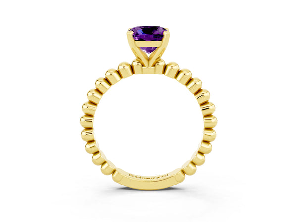 Yellow gold Cushion Cut Amethyst Solitaire Ring with Beaded Band and Prong Setting