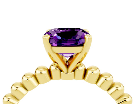 Yellow gold Cushion Cut Amethyst Solitaire Ring with Beaded Band and Prong Setting_4