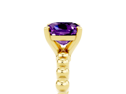 Yellow gold Cushion Cut Amethyst Solitaire Ring with Beaded Band and Prong Setting_5
