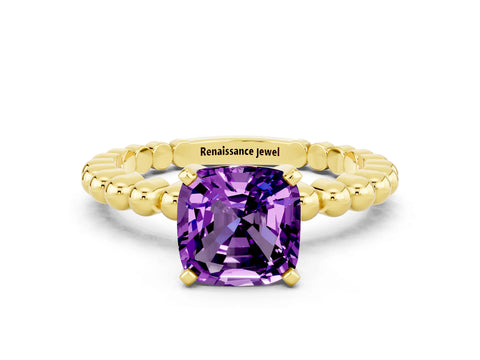 Yellow gold Cushion Cut Amethyst Solitaire Ring with Beaded Band and Prong Setting