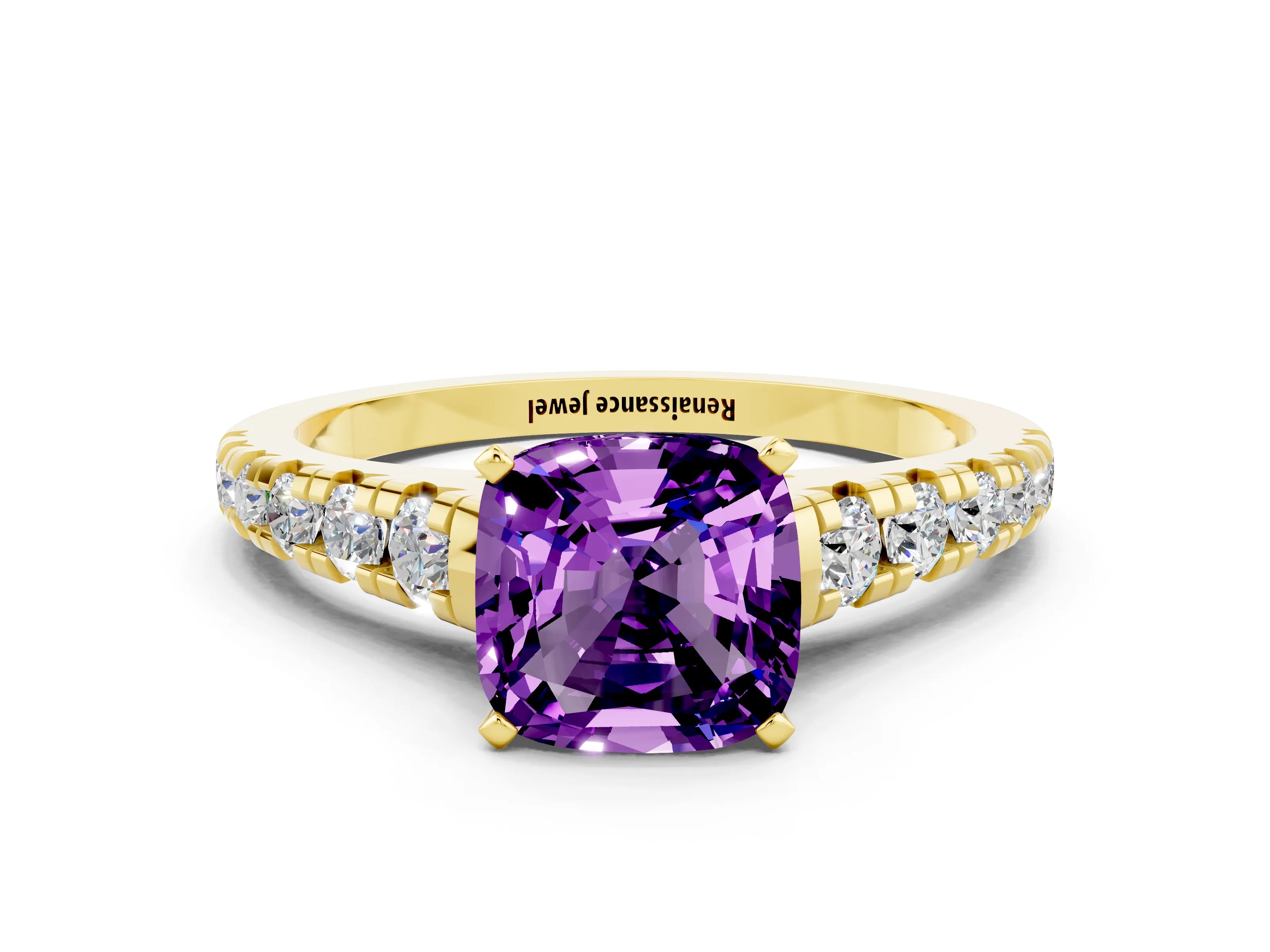 Yellow gold Cushion Cut Amethyst Solitaire Ring with Cathedral Setting and Pavé Band