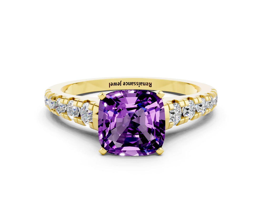 Yellow gold Cushion Cut Amethyst Solitaire Ring with Cathedral Setting and Pavé Band