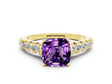 Yellow gold Cushion Cut Amethyst Solitaire Ring with Cathedral Setting and Pavé Band