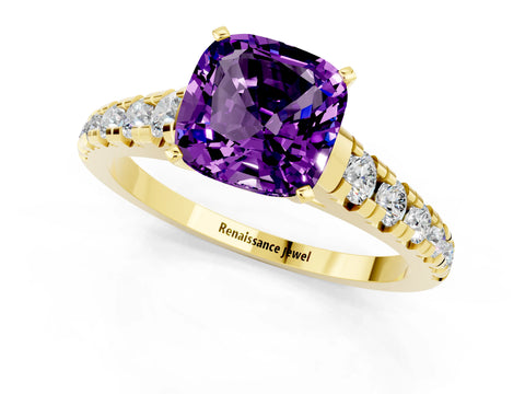 Yellow gold Cushion Cut Amethyst Solitaire Ring with Cathedral Setting and Pavé Band_1