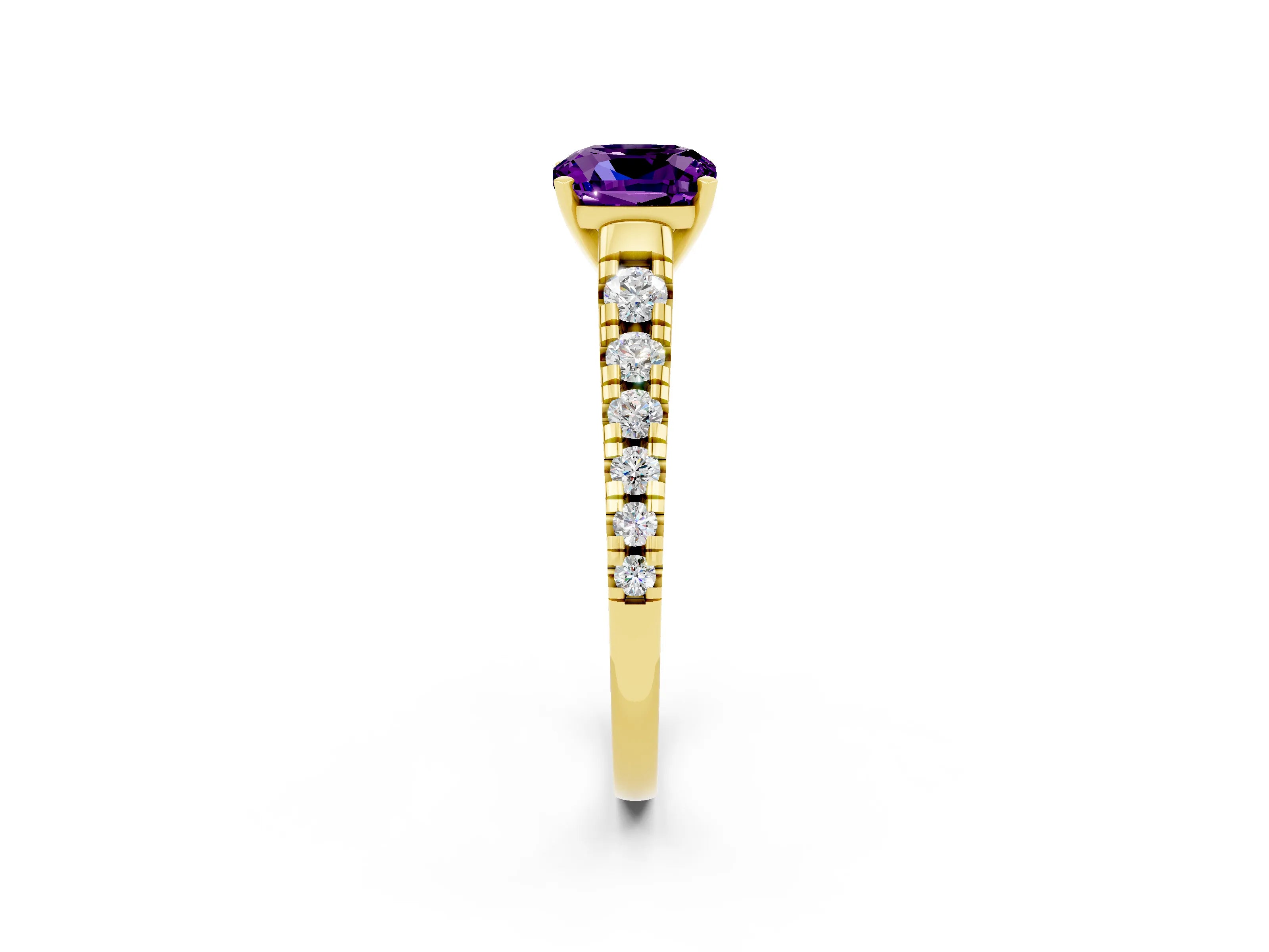 Yellow gold Cushion Cut Amethyst Solitaire Ring with Cathedral Setting and Pavé Band_2