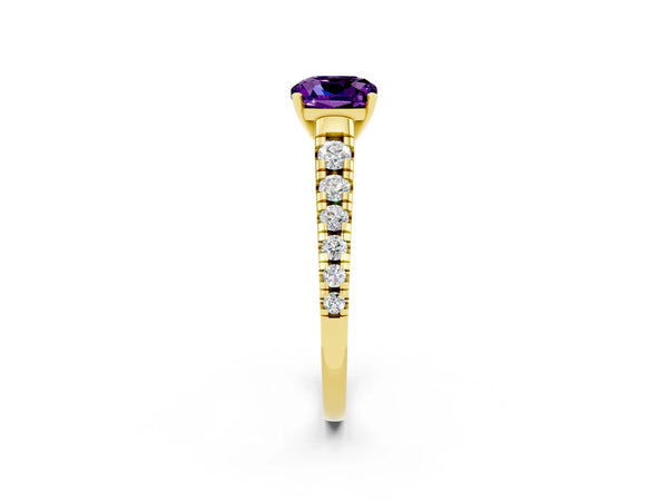 Yellow gold Cushion Cut Amethyst Cathedral Solitaire Ring with Round  Pavé Band