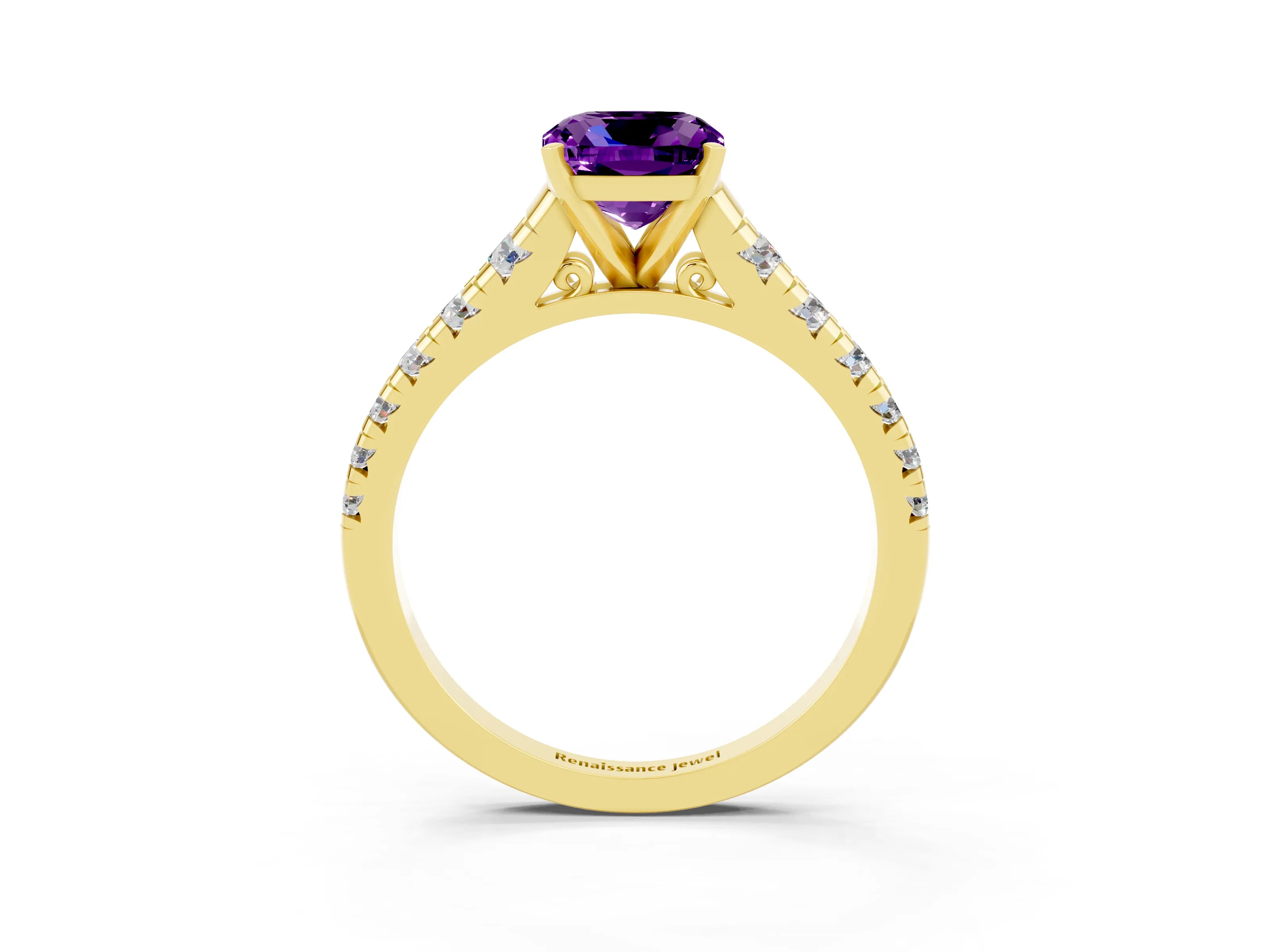 Yellow gold Cushion Cut Amethyst Solitaire Ring with Cathedral Setting and Pavé Band_3