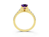 Yellow gold Cushion Cut Amethyst Solitaire Ring with Cathedral Setting and Pavé Band_3
