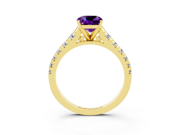Yellow gold Cushion Cut Amethyst Cathedral Solitaire Ring with Round  Pavé Band