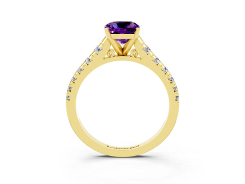 Yellow gold Cushion Cut Amethyst Solitaire Ring with Cathedral Setting and Pavé Band_3