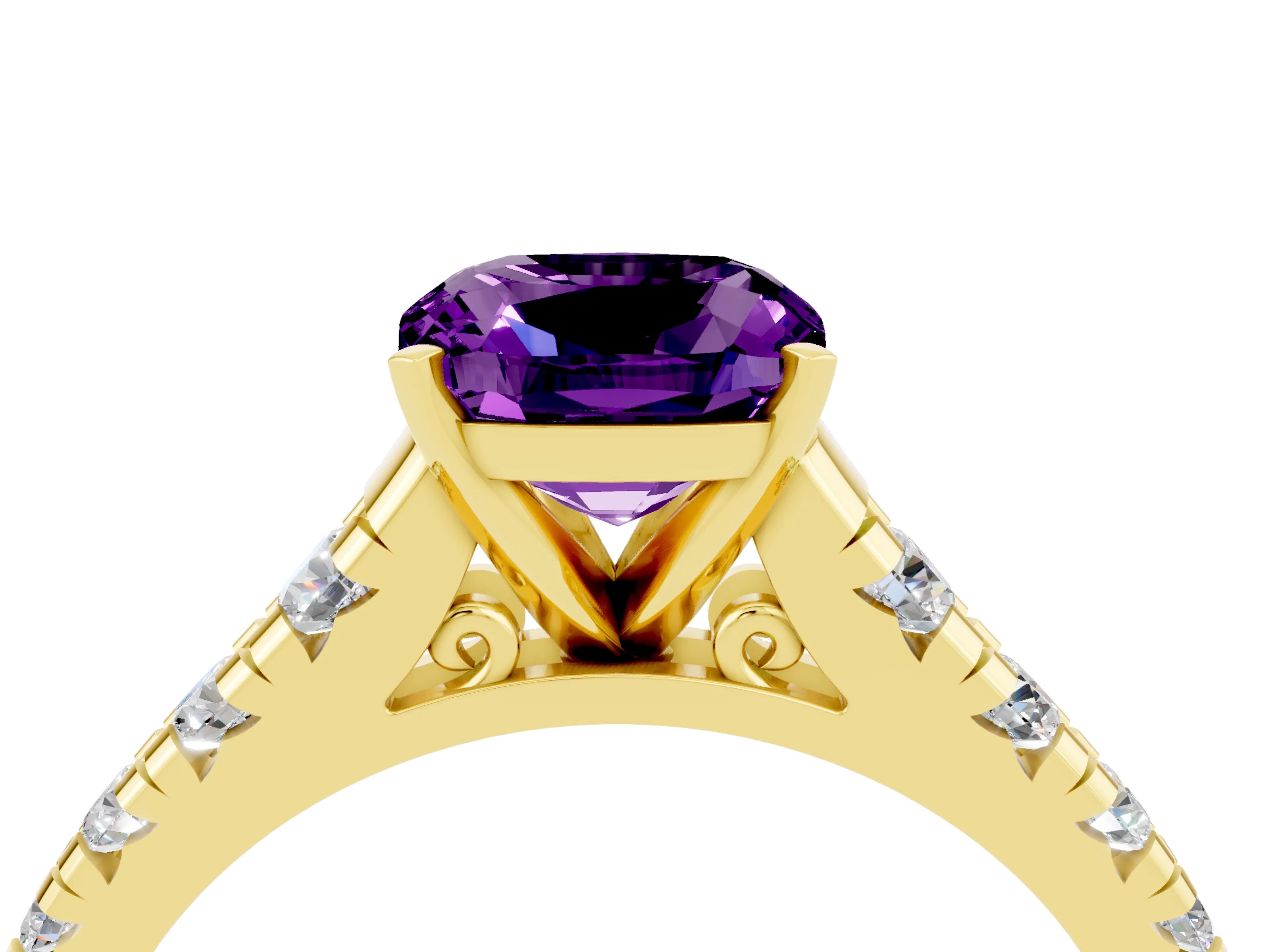 Yellow gold Cushion Cut Amethyst Solitaire Ring with Cathedral Setting and Pavé Band_4