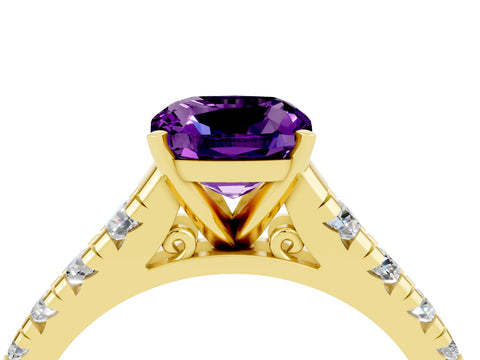 Yellow gold Cushion Cut Amethyst Solitaire Ring with Cathedral Setting and Pavé Band_4
